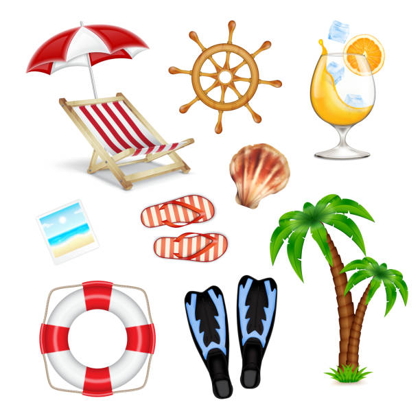 ilustrações, clipart, desenhos animados e ícones de ícones de férias de verão nos eua  - beach tropical climate palm tree deck chair