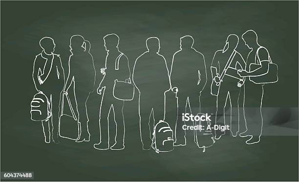 Chalkboard Student Chats Vector Illustration Stock Illustration - Download Image Now - People In A Row, Teenager, Outline