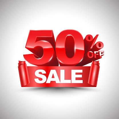 3d vector shiny red discount 50 percent off and sale on red ribbon. Vector illustration for promotion discount sale advertising.