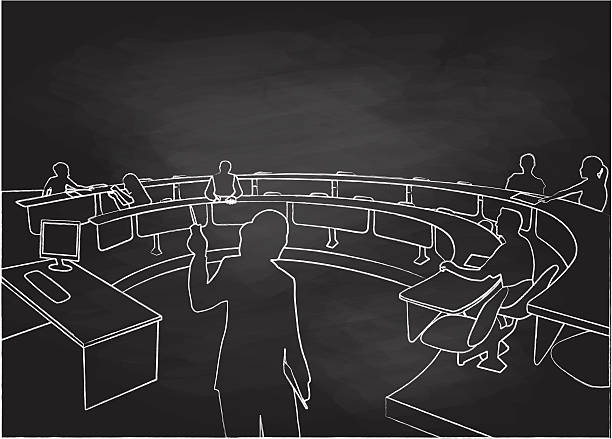 Chalkboard Student Lecture Hall A chalk outline vector silhouette illustration of a professor giving a lecture to a sparse classroom with a few students. lecture hall illustrations stock illustrations