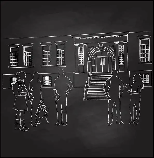 Vector illustration of Chalkboard Students And Teacher Out Of School