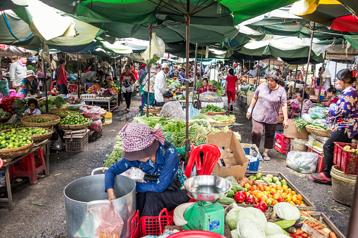 Phnom Penh, Сambodia - August 30, 2016: Busy scene with shoppers and market vendors in Kandal market in the Cambodian Capital of Phnom Penh.