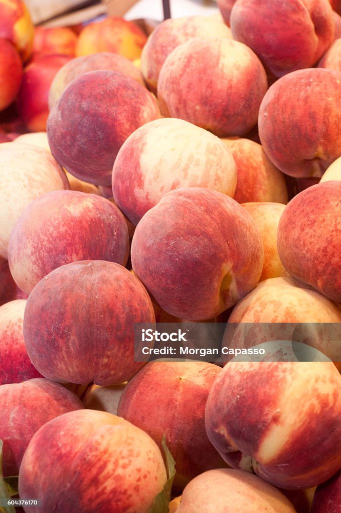 Fresh peaches on display Fresh peaches on display at farmers market. Agriculture Stock Photo