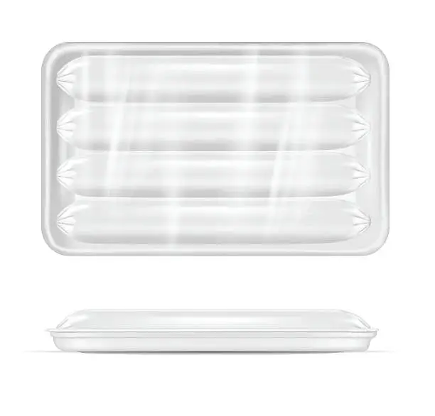 Vector illustration of White plastic container for food. Packaging for meat and sausage