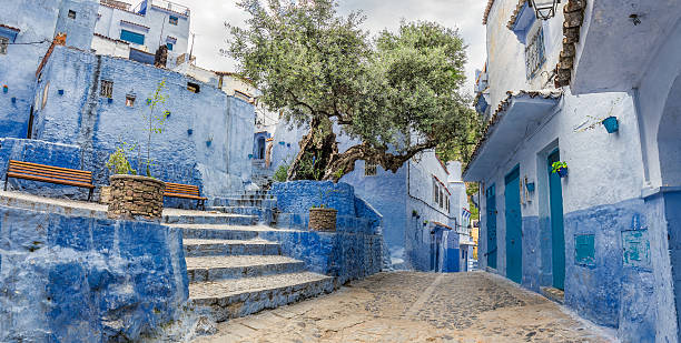 Chefchaouen Panoramic view upon famous blue city of Chefchaouen, Morocco. chefchaouen photos stock pictures, royalty-free photos & images