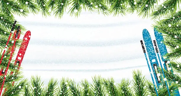 Vector illustration of Christmas background with fir branches, snow and skiing.