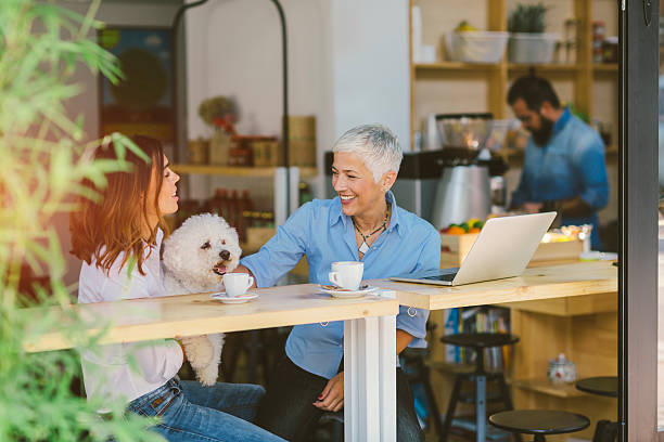 Mother and Daughter In Cafe With Their Dog Beautiful smiling mature woman sitting in cafe with her adult daughter and their dog. Drinking coffee and using laptop. Making break to play with her pet, Bichon. animal related occupation stock pictures, royalty-free photos & images