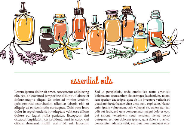 Card and banner template with essential oil bottles Vector illustration with essential oil bottles, aromatic plants and flowers. Bright colorful doodle objects on white background with place for text. Aromatherapy card, flier or leaflet design. healthcare fitness and herbal medicine banner set stock illustrations