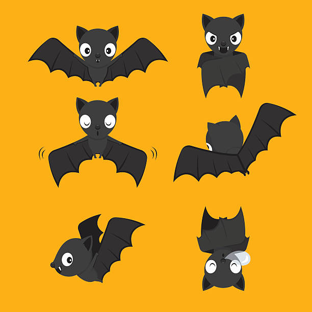 illustrazioni stock, clip art, cartoni animati e icone di tendenza di set di bat cartoon con diverse azioni - bat cartoon halloween wing