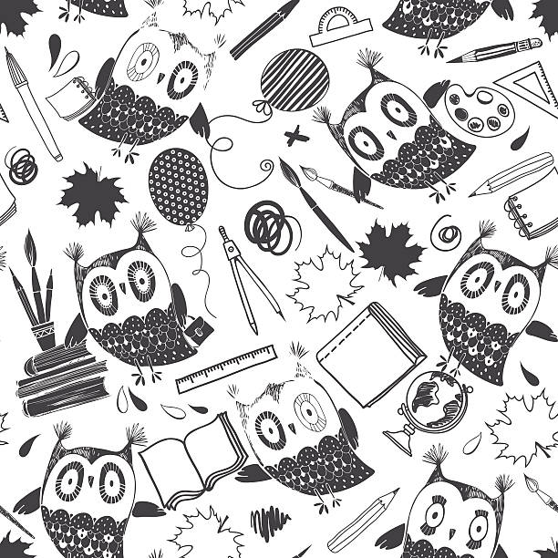 ilustrações de stock, clip art, desenhos animados e ícones de seamless vector pattern with cute owls and school supplies. - education childhood school drawing compass