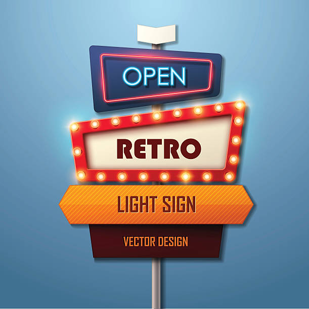 ilustraciones, imágenes clip art, dibujos animados e iconos de stock de señal de luz retro. estandarte de estilo vintage. - illuminated sign