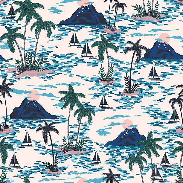 вектор бесшовные ретро стиль гавайи шаблон с горами - backgrounds tropical climate repetition pattern stock illustrations