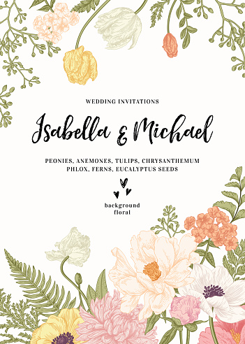 Vintage wedding invitation. Summer garden flowers. Peonies, anemones, tulips, phlox, chrysanthemum, ferns, eucalyptus seeds. Botanical illustration. Engraving. Vector.