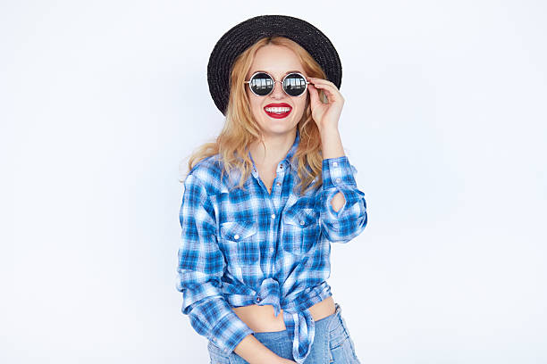 istock Lovely young blond woman in suglasses, 604383336