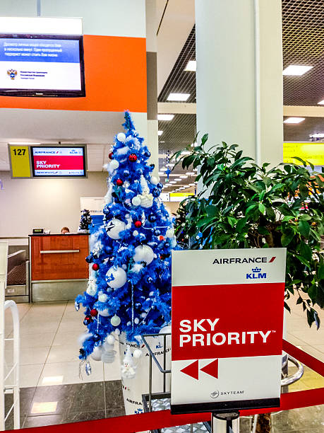 sky priority sign und weihnachtsbaum am moskauer flughafen, russland - mobilestock editorial russia airport stock-fotos und bilder