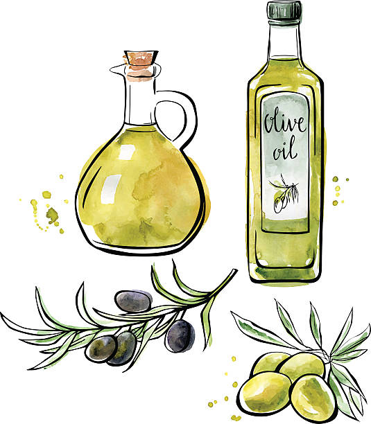 illustrazioni stock, clip art, cartoni animati e icone di tendenza di illustrazione ad acquerello vettoriale dell'olio d'oliva - kitchen utensil bright vibrant color restaurant