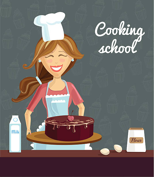 Baking woman with cake Vector illustration with young happy woman baking chocolate cherry cake on dark background with doodle cupcakes. Poster and card template for culinary classes and cooking school. melting girl stock illustrations