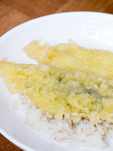 Japanese cuisine, fried fish on the rice called a Tendon