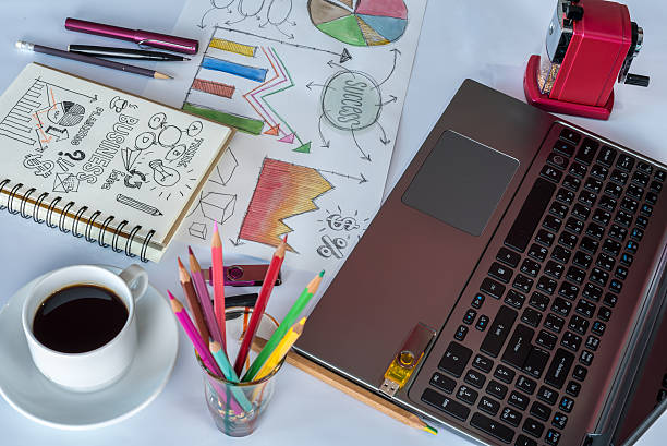 istock Office table with laptop, analyzing graphic, coffee cup/ business conceptual 604783470