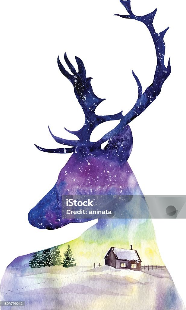Illustration à l’aquarelle avec cerf de Noël et paysage nordique. - clipart vectoriel de Noël libre de droits