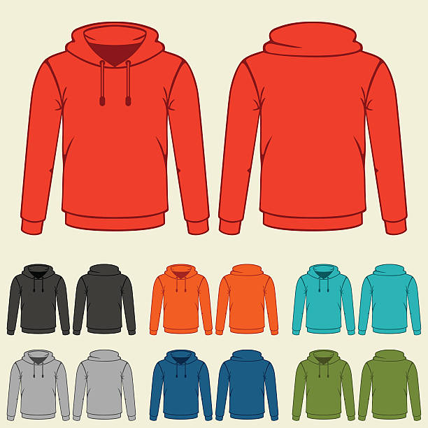 ilustrações de stock, clip art, desenhos animados e ícones de set of colored hoodies templates for men - camisa de moleton