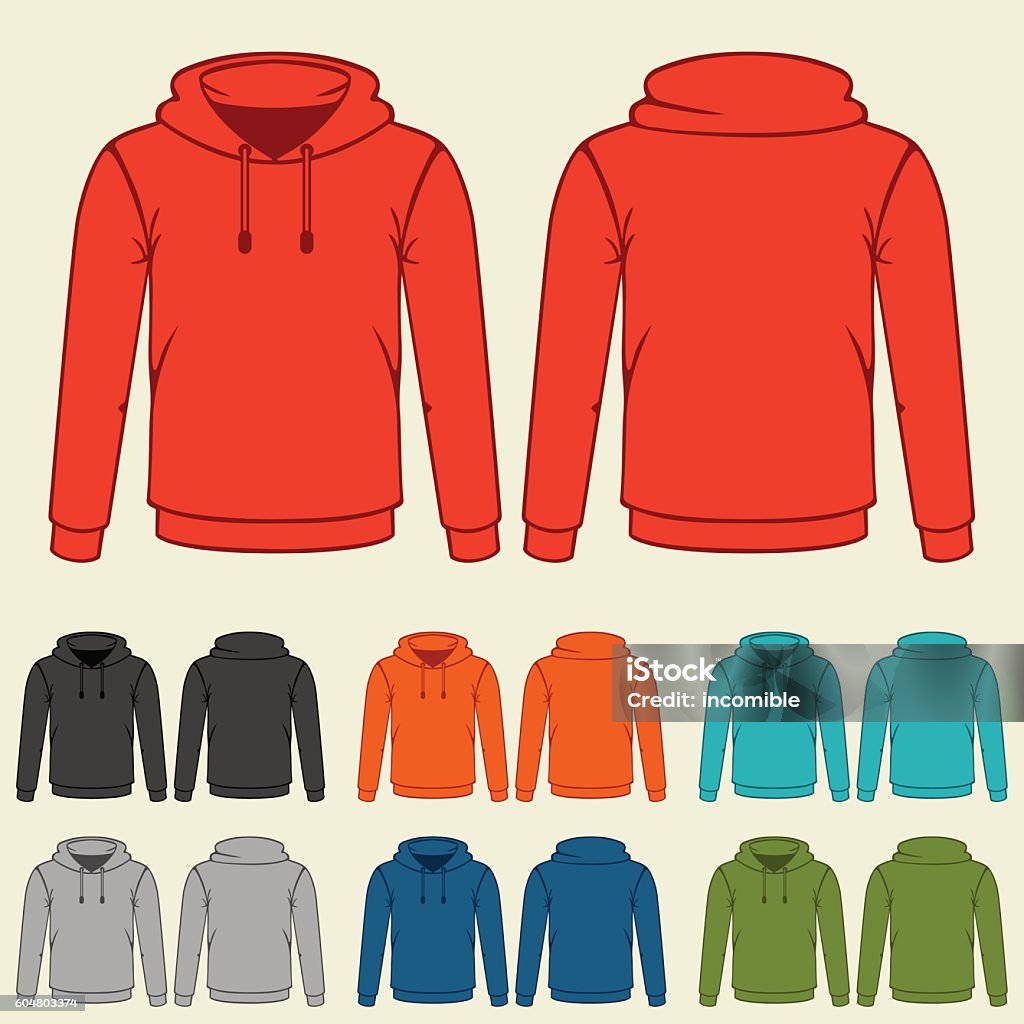 Set of colored hoodies templates for men Set of colored hoodies templates for men. Hooded Shirt stock vector
