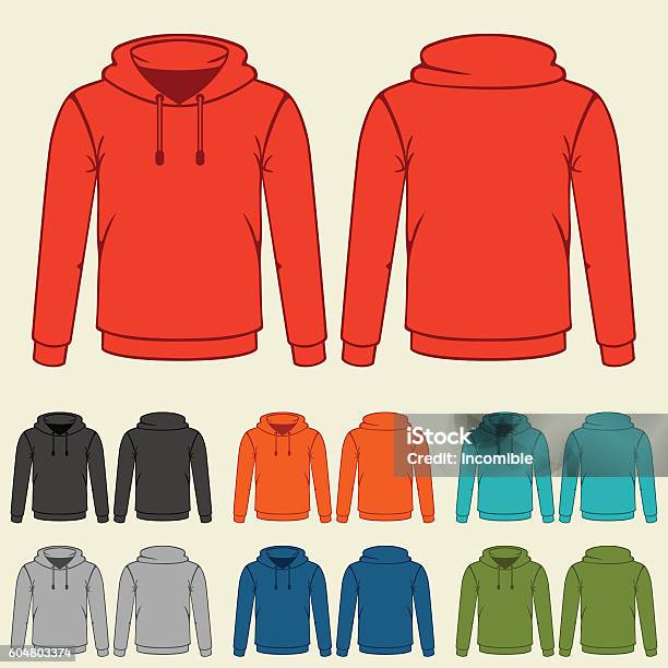 Set Of Colored Hoodies Templates For Men Stock Illustration - Download Image Now - Hooded Shirt, Template, Sweatshirt