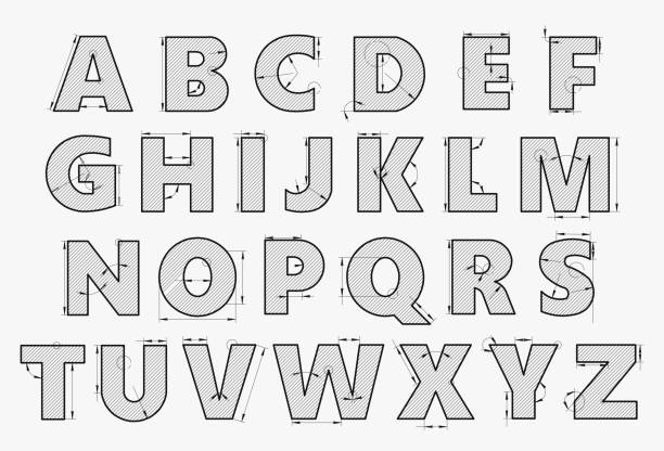 Alphabet in style of a technical drawing Alphabet in style of a technical drawing on a white background. Letters to the dimension lines for the architecture or engineering. Vector illustration blueprint designs stock illustrations