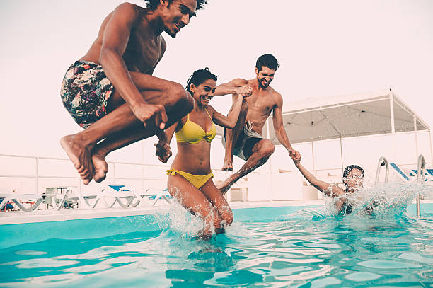 Enjoying pool party with friends.