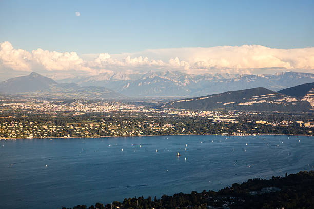Aerial view over Alps mountain range and Geneva area, Switzerland