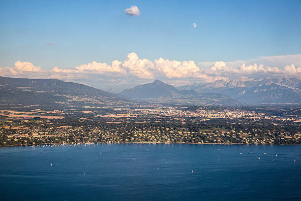 Aerial view over Alps mountain range and Geneva area, Switzerland