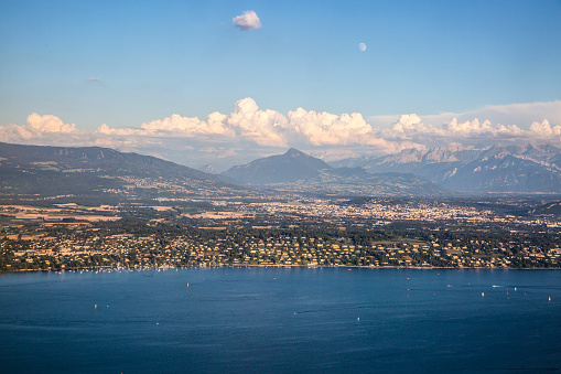 Aerial view over Alps mountain range and Geneva area, Switzerland