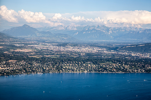 Aerial view over Alps mountain range and Geneva area, Switzerland
