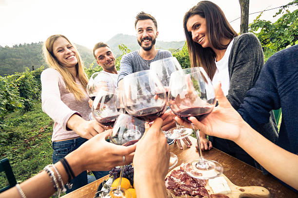istock friends toasting with red wine after the harvesting 604829450