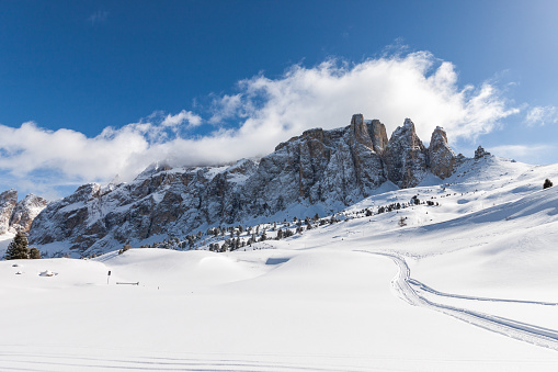 View of the Sella Group with snow in the Italian Dolomites