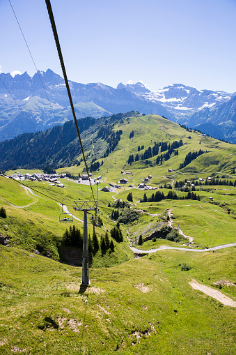 alpine landscape in summer viewed from the chair lift, Alps mountain massif, Cantons Vaud and Valais, Swiss Alps, Switzerland