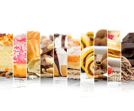 Photo of mix stripes with cakes, desserts, sweets and chocolate; white space for text
