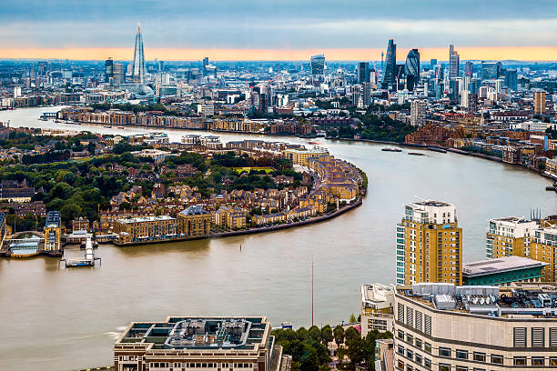 London Skyline, Aerial View with Landmarks London skyline during the daytime, aerial view with landmarks thames river photos stock pictures, royalty-free photos & images