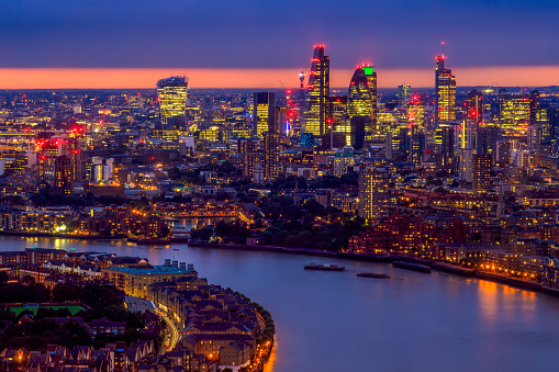 London skyline at sunset, aerial view with landmarks