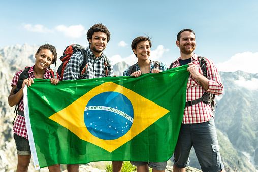 backpacker togetherness with brazil flag