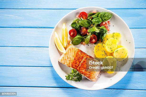 Roasted Salmon And Vegetables Stock Photo - Download Image Now - Serving Size, Plate, Healthy Eating