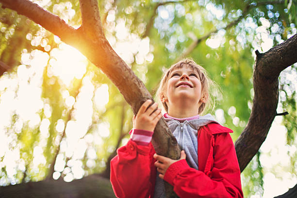 istock Childhood joy - little girl climbing tree 604863316