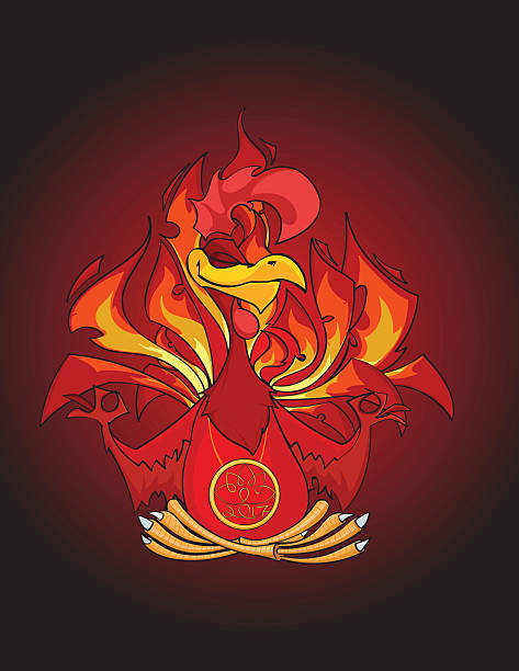 istock Hand drawn Yoga Fiery red Rooster sits in lotus pose 604863594