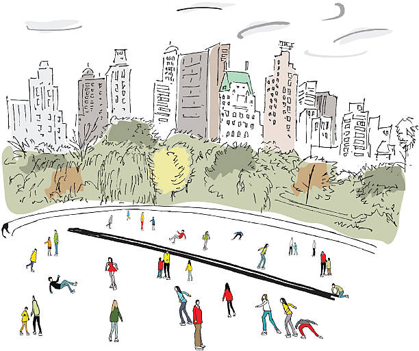 Vector illustration of skaters in winter, Central Park, New York Line drawing with tonal shadings of people skating in Central Park, with trees  new york city illustrations stock illustrations
