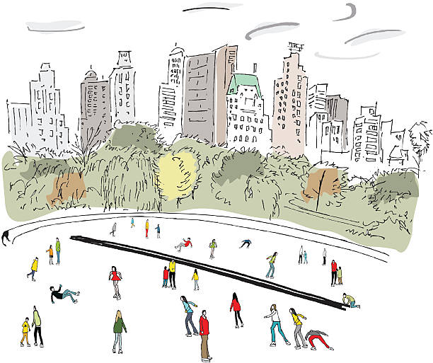 Vector illustration of skaters in winter, Central Park, New York Line drawing with tonal shadings of people skating in Central Park, with trees new york skyline drawing stock illustrations