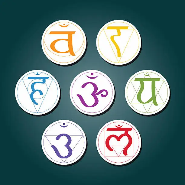 Vector illustration of set of color icons with names of chakras in Sanskrit