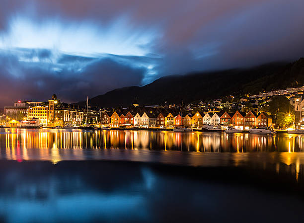 Bryggen by night in Bergen, Norway stock photo