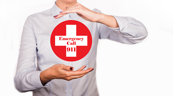 Emergency call sign. Call ambulance car via mobile phone medical emergency