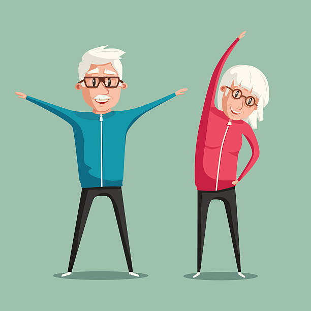 illustrazioni stock, clip art, cartoni animati e icone di tendenza di anziani e ginnastica. illustrazione vettoriale dei cartoni animati - grandmother action senior adult grandparent