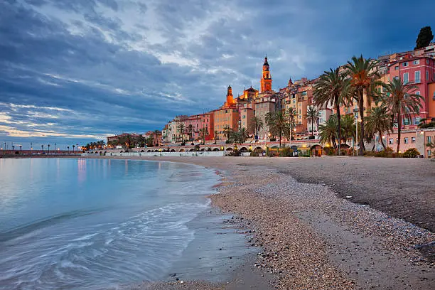 Image of Menton, French Riviera during twilight blue hour.
